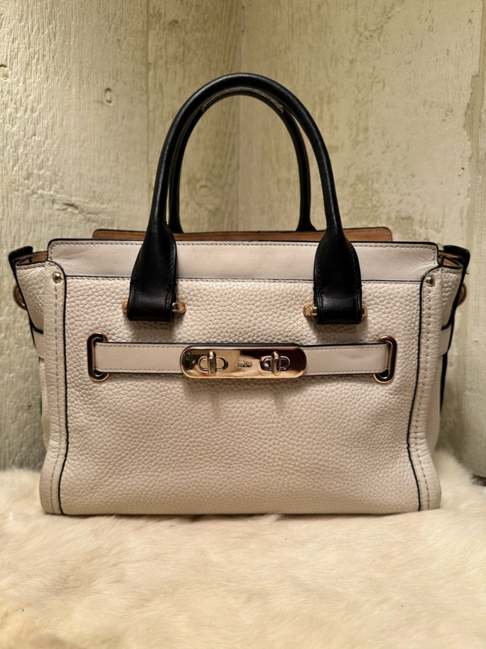 COACH Swagger 27 - Cream and Black Pebble Leather Satchel